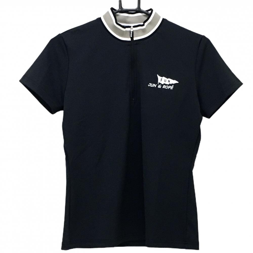 【超美品】ジュンアンドロペ 半袖ハイネックシャツ 黒×白 背面ロゴ ハーフジップ  レディース M ゴルフウェア JUN＆ROPE