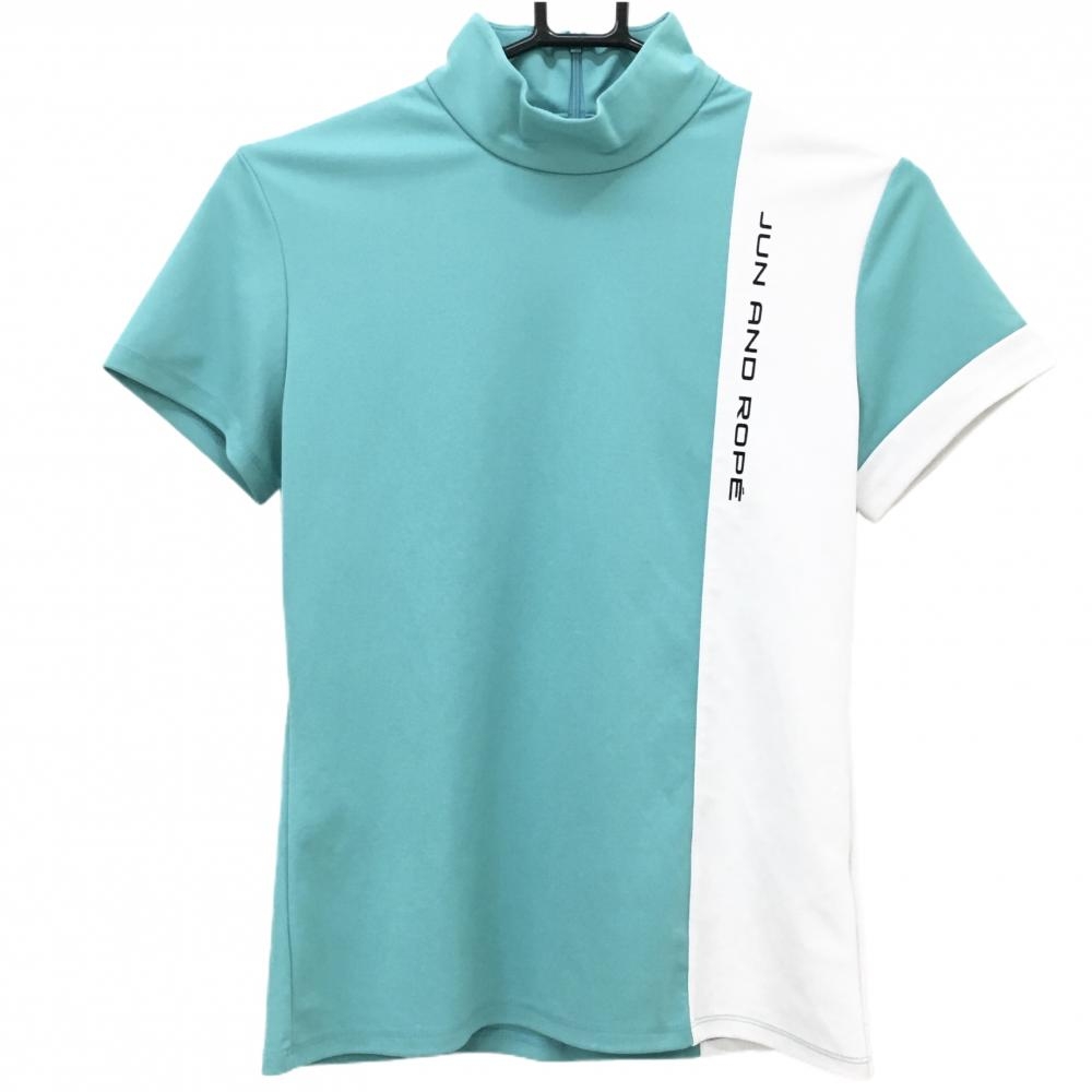 【超美品】ジュンアンドロペ 半袖ハイネックシャツ 白×ライトグリーン 後ジップ ロゴプリント レディース M ゴルフウェア JUN＆ROPE