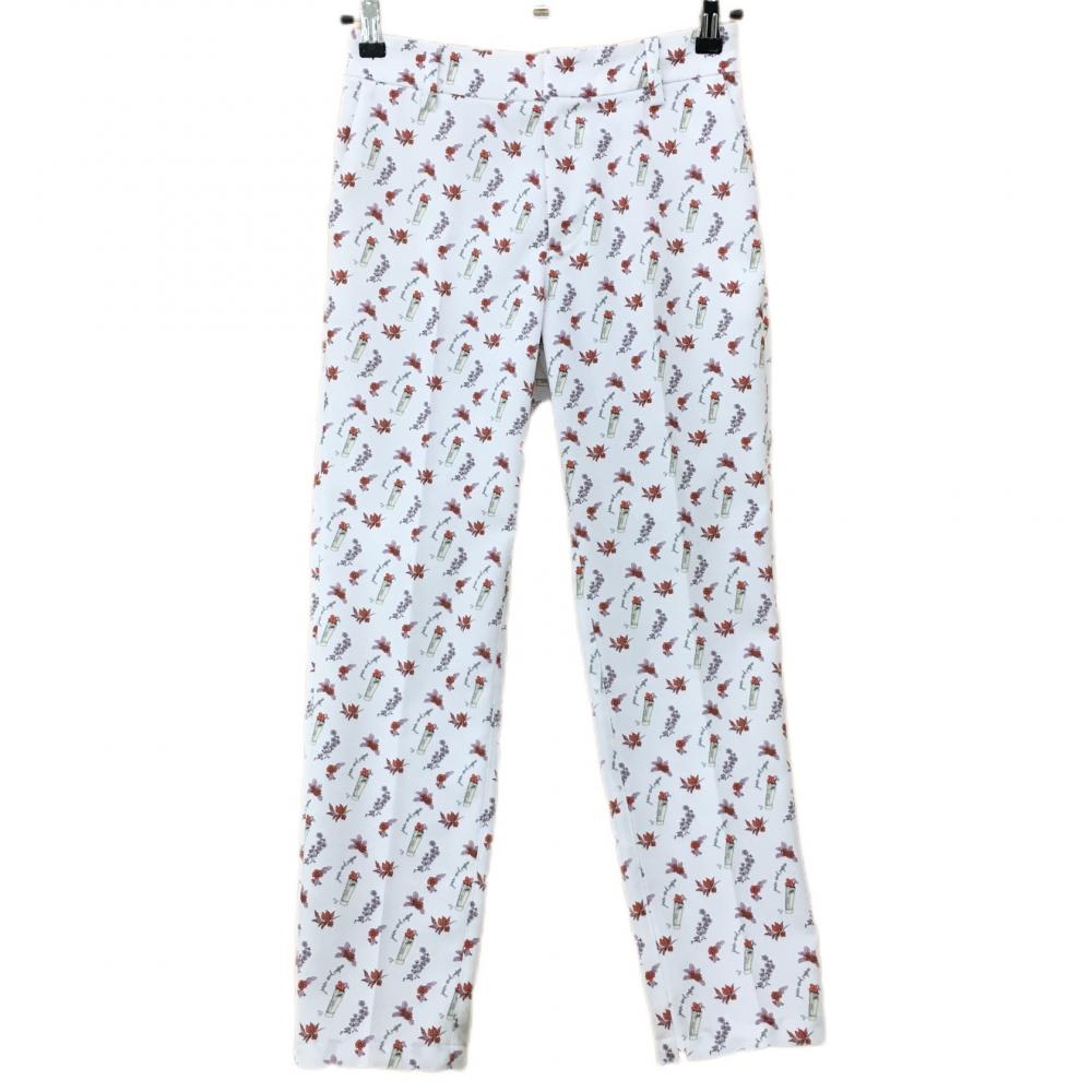 ジュンアンドロペ パンツ 白×レッド 総柄　花 ゴルフケース  レディース S ゴルフウェア JUN＆ROPE