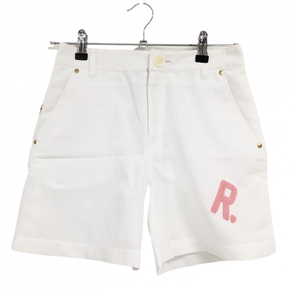 ジュンアンドロペ ショートパンツ 白×ピンク パイル地ワッペン メッシュ 裏地付き レディース S ゴルフウェア JUN＆ROPE