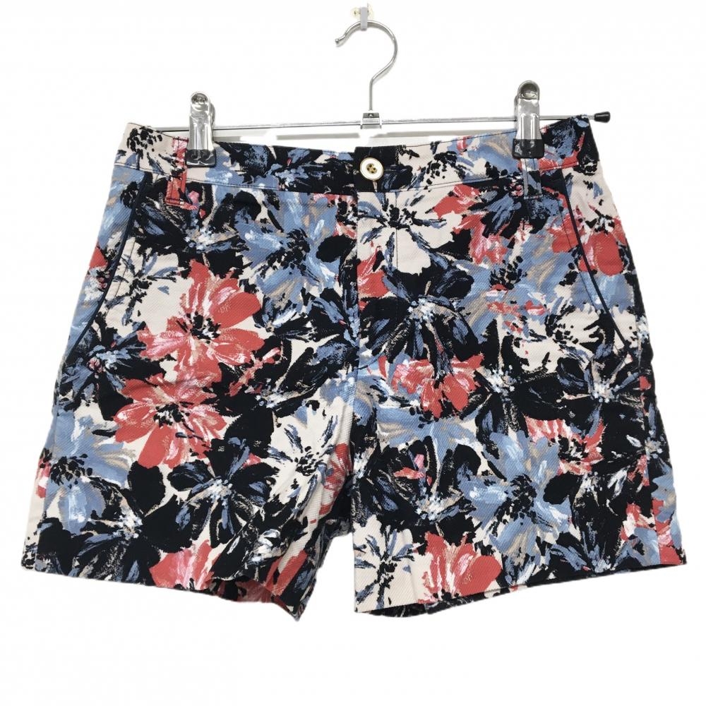 【美品】ジュンアンドロペ ショートパンツ 黒×ライトブルー×レッド 花柄 ストレッチ レディース S ゴルフウェア JUN＆ROPE