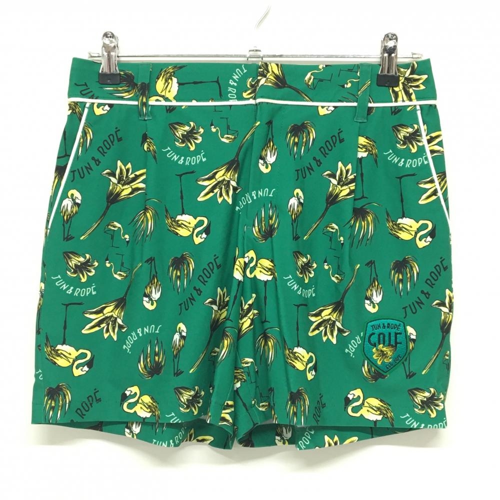 【超美品】ジュンアンドロペ ショートパンツ グリーン×イエロー 総柄 花 裏地付 レディース M ゴルフウェア サンプル品 JUN＆ROPE