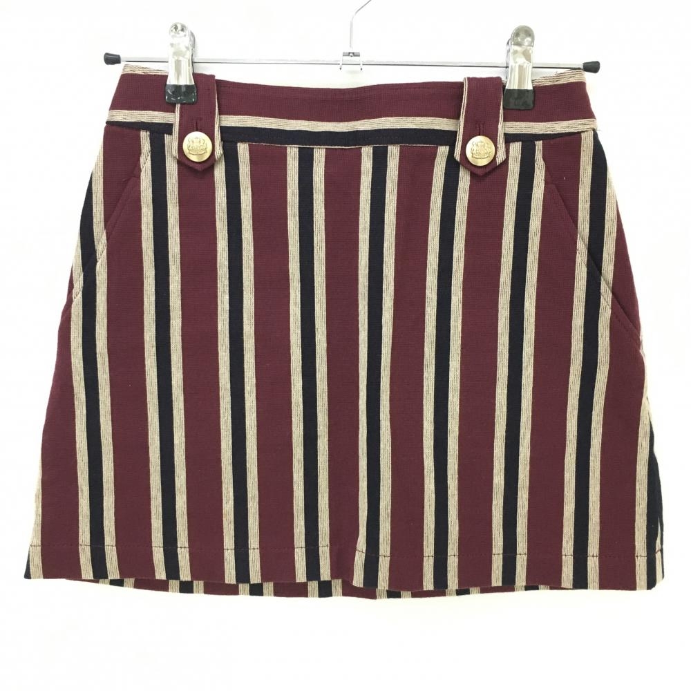 【超美品】ジュンアンドロペ スカート ボルドー×ネイビー×ベージュ ストライプ 金ボタン レディース S ゴルフウェア JUN＆ROPE