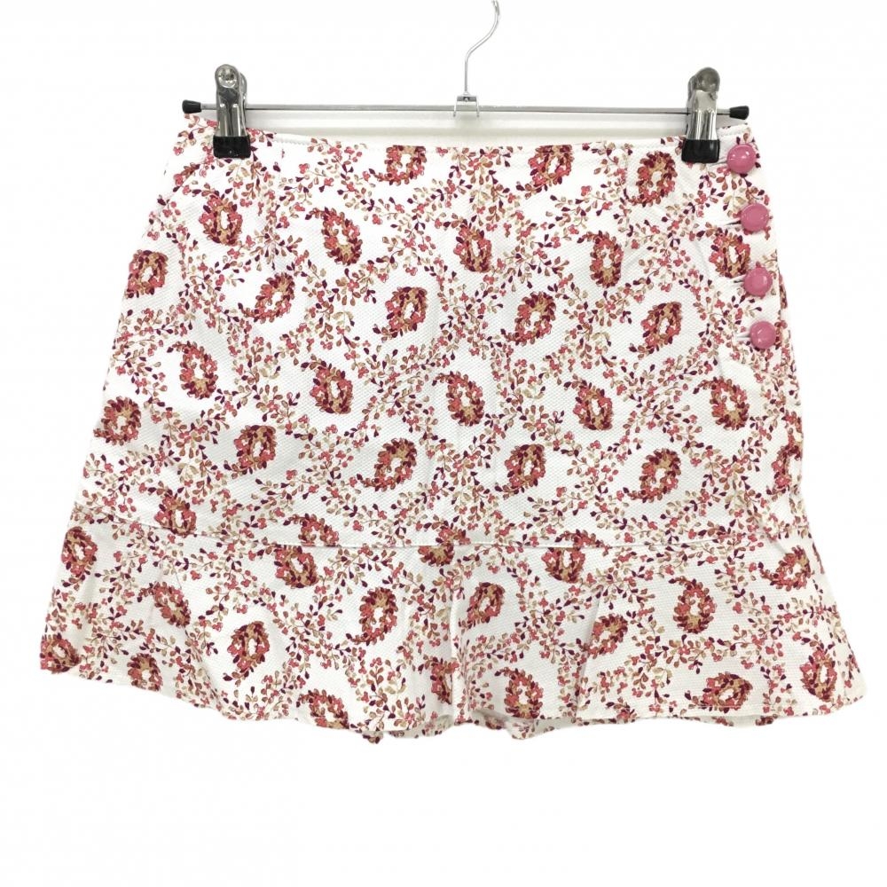 【超美品】ジュンアンドロペ スカート 白×ピンク 花柄 織生地 インナーパンツ付き レディース M ゴルフウェア JUN＆ROPE