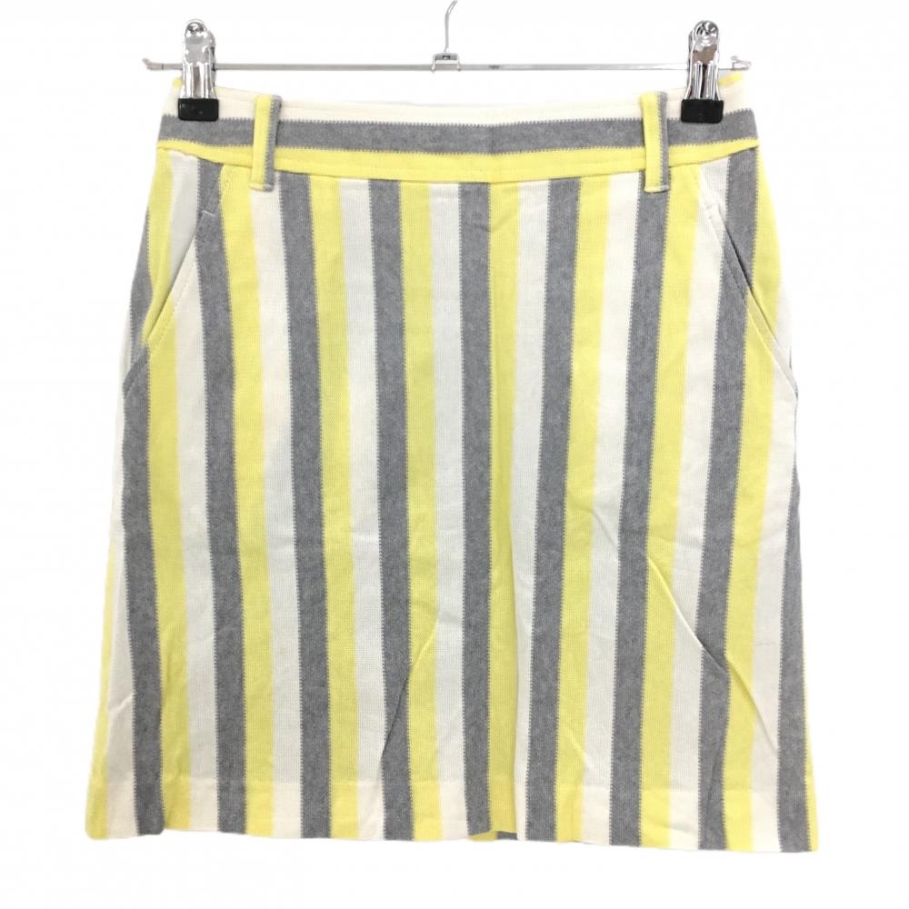 【美品】ジュンアンドロペ スカート グレー×イエロー ストライプ柄 バックロゴ レディース S ゴルフウェア JUN＆ROPE