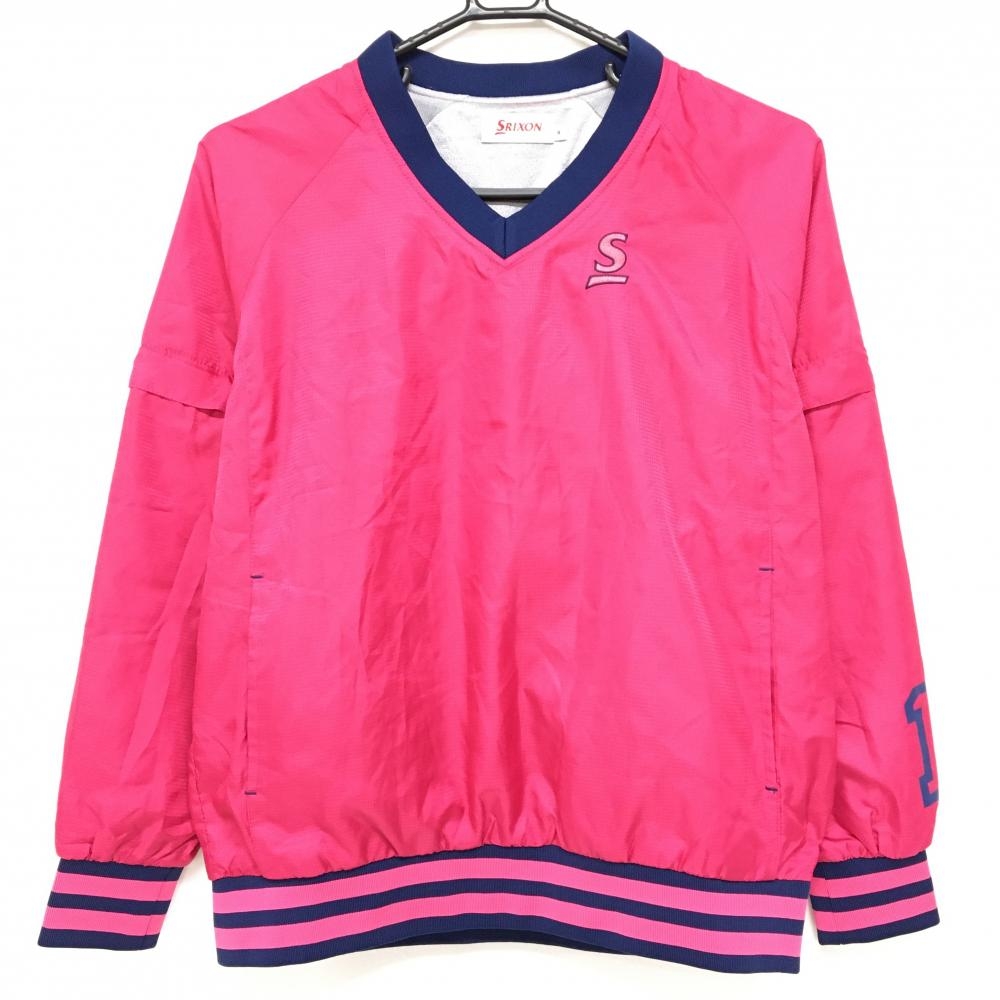 【美品】スリクソン 2WAYスニード パープルピンク×ネイビー ロゴ刺しゅう 袖着脱可 ブルゾン レディース M ゴルフウェア SRIXON
