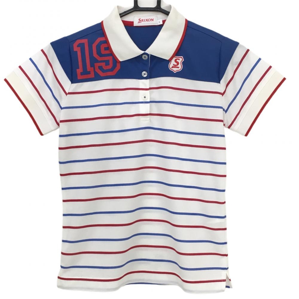 スリクソン 半袖ポロシャツ 白×ブルー ボーダー  レディース S ゴルフウェア SRIXON