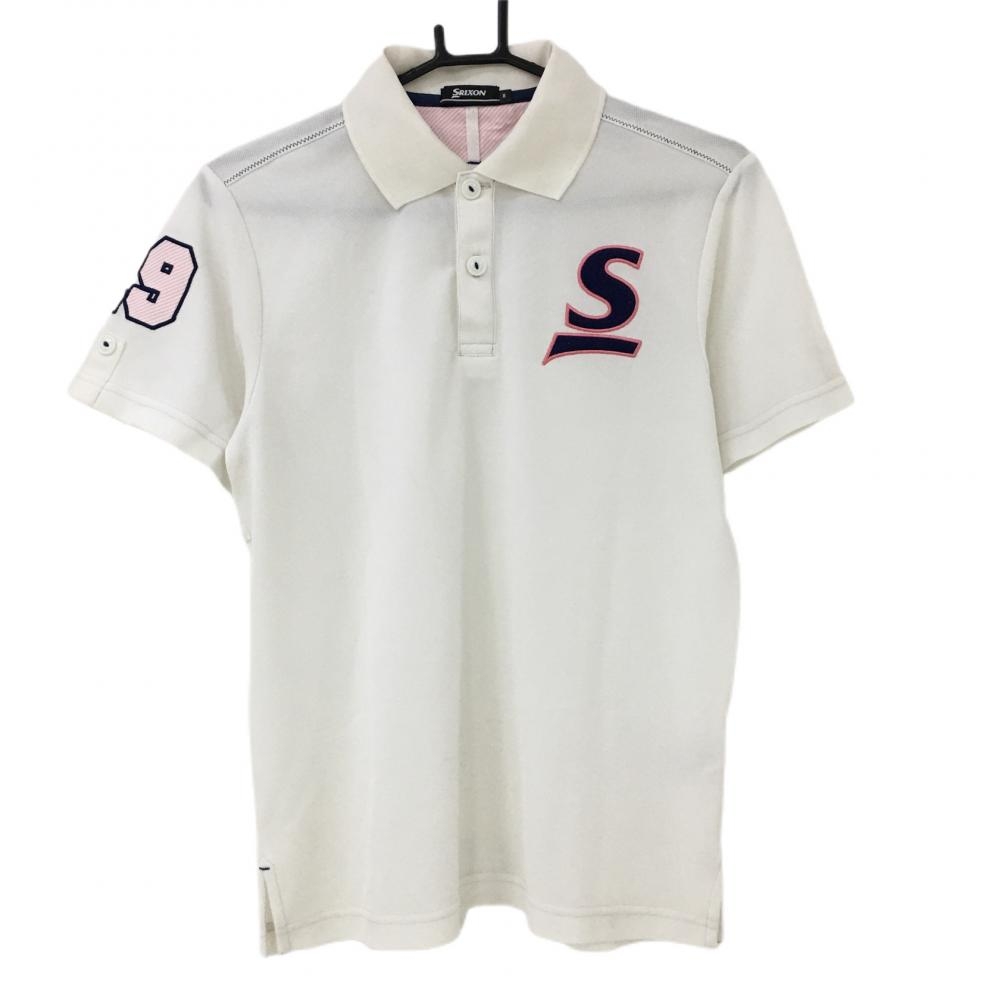 【美品】スリクソン 半袖ポロシャツ 白×ネイビー 袖ワッペン  レディース Ｍ ゴルフウェア SRIXON 画像
