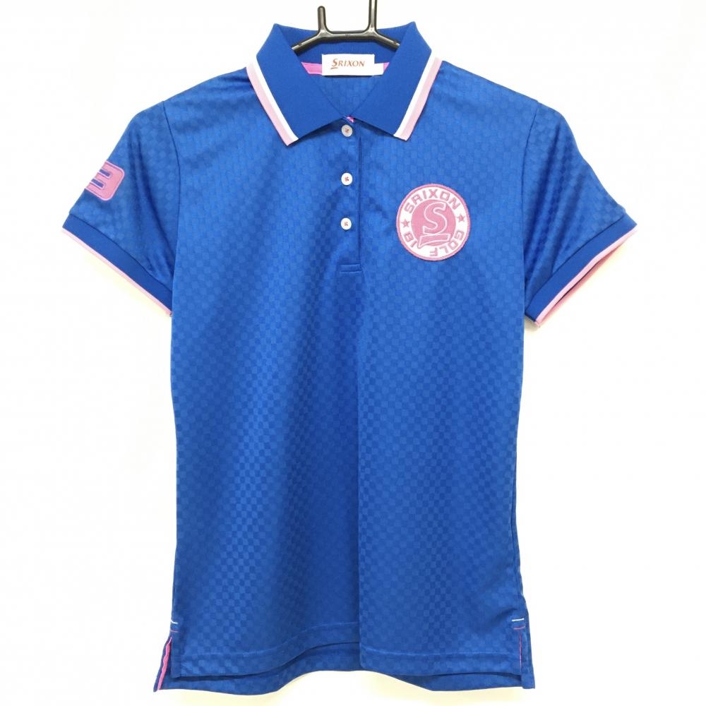 【超美品】スリクソン 半袖ポロシャツ ブルー×ピンク ブロックチェック地模様 刺しゅうワッペン レディース M ゴルフウェア SRIXON