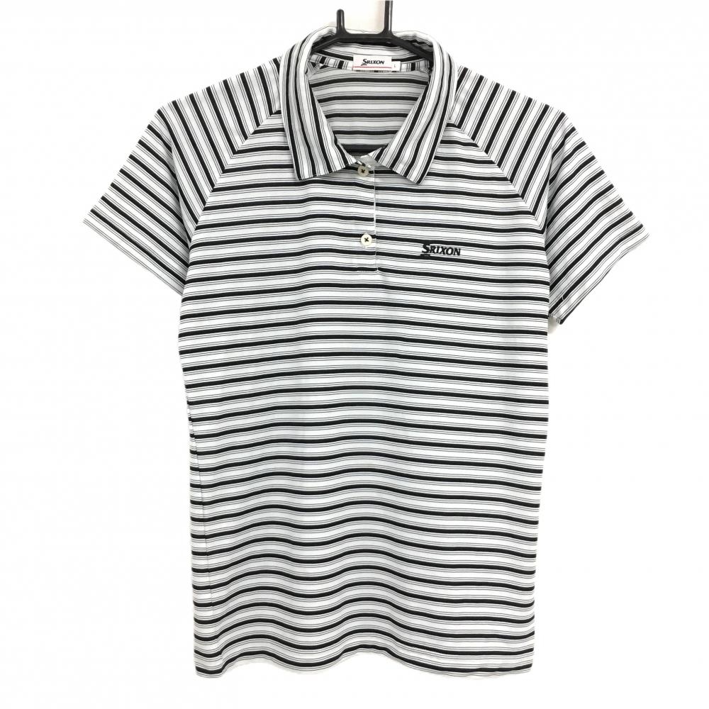 【超美品】スリクソン 半袖ポロシャツ 白×黒 ボーダー ロゴ刺しゅう レディース L ゴルフウェア SRIXON