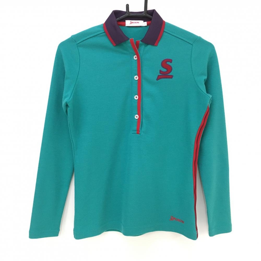 スリクソン 長袖ポロシャツ グリーン×レッド 胸元ロゴ 前立てライン  レディース S ゴルフウェア SRIXON 画像