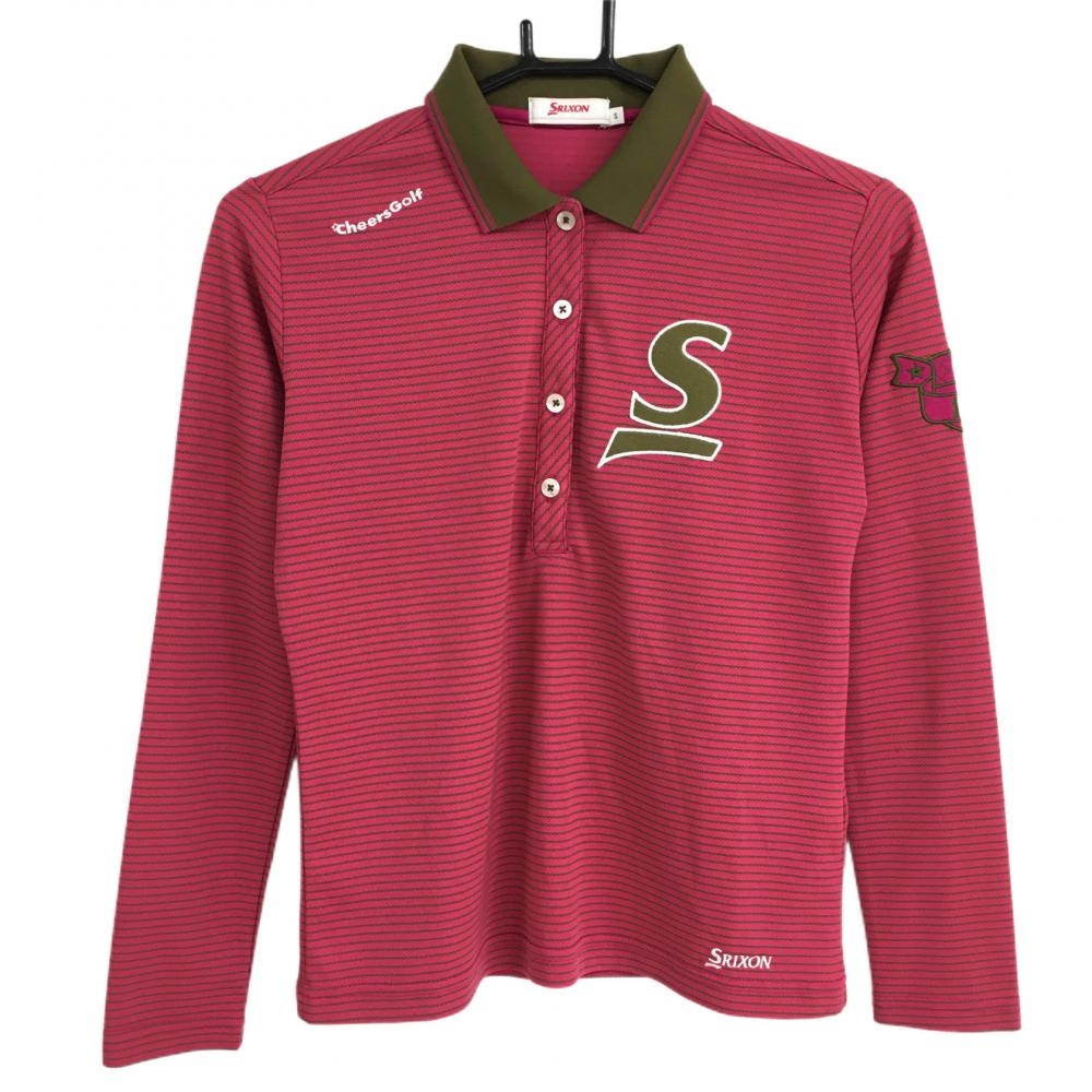【美品】スリクソン 長袖ポロシャツ ピンク×カーキ ボーダー ワッペン  レディース S ゴルフウェア SRIXON