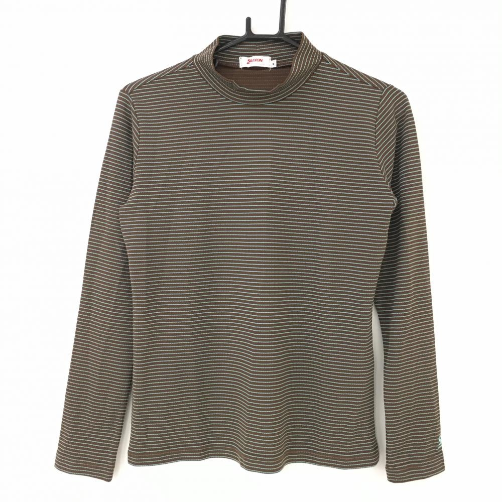 【超美品】スリクソン 長袖ハイネックシャツ ブラウン×ライトブルー ボーダー  レディース M ゴルフウェア SRIXON