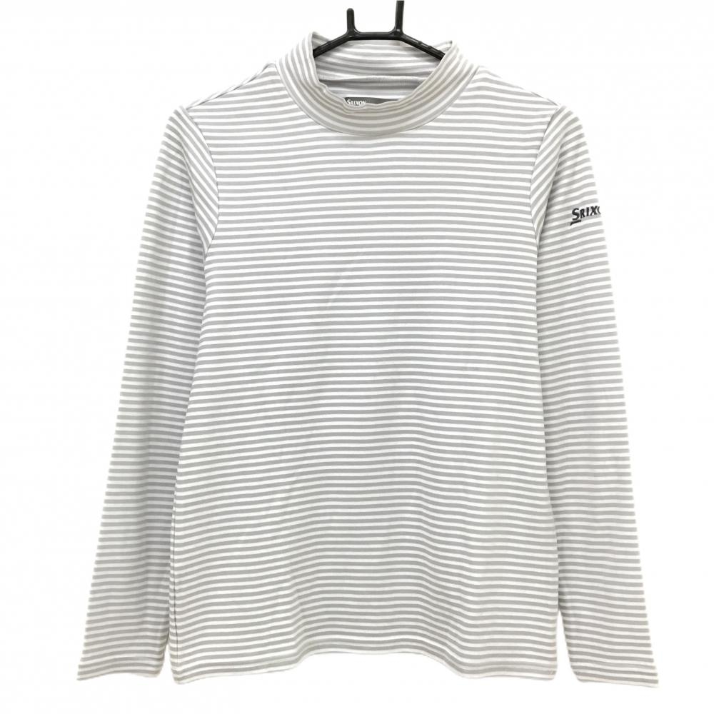 【美品】スリクソンバイデサント 長袖ハイネックシャツ グレー×白 ボーダー 裏微起毛  レディース M ゴルフウェア SRIXON