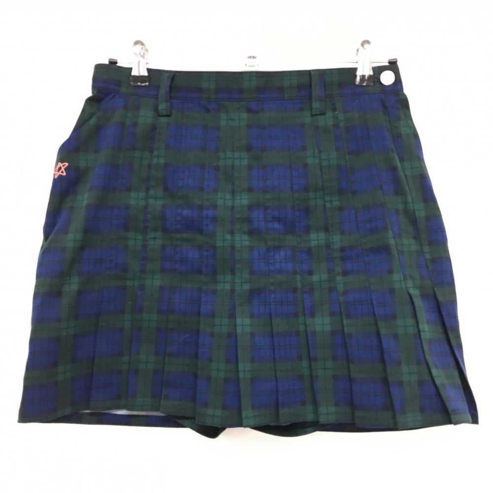 【超美品】スリクソン プリーツスカート グリーン×ネイビー チェック柄 バックロゴ インナーパンツ付 レディース L ゴルフウェア SRIXON