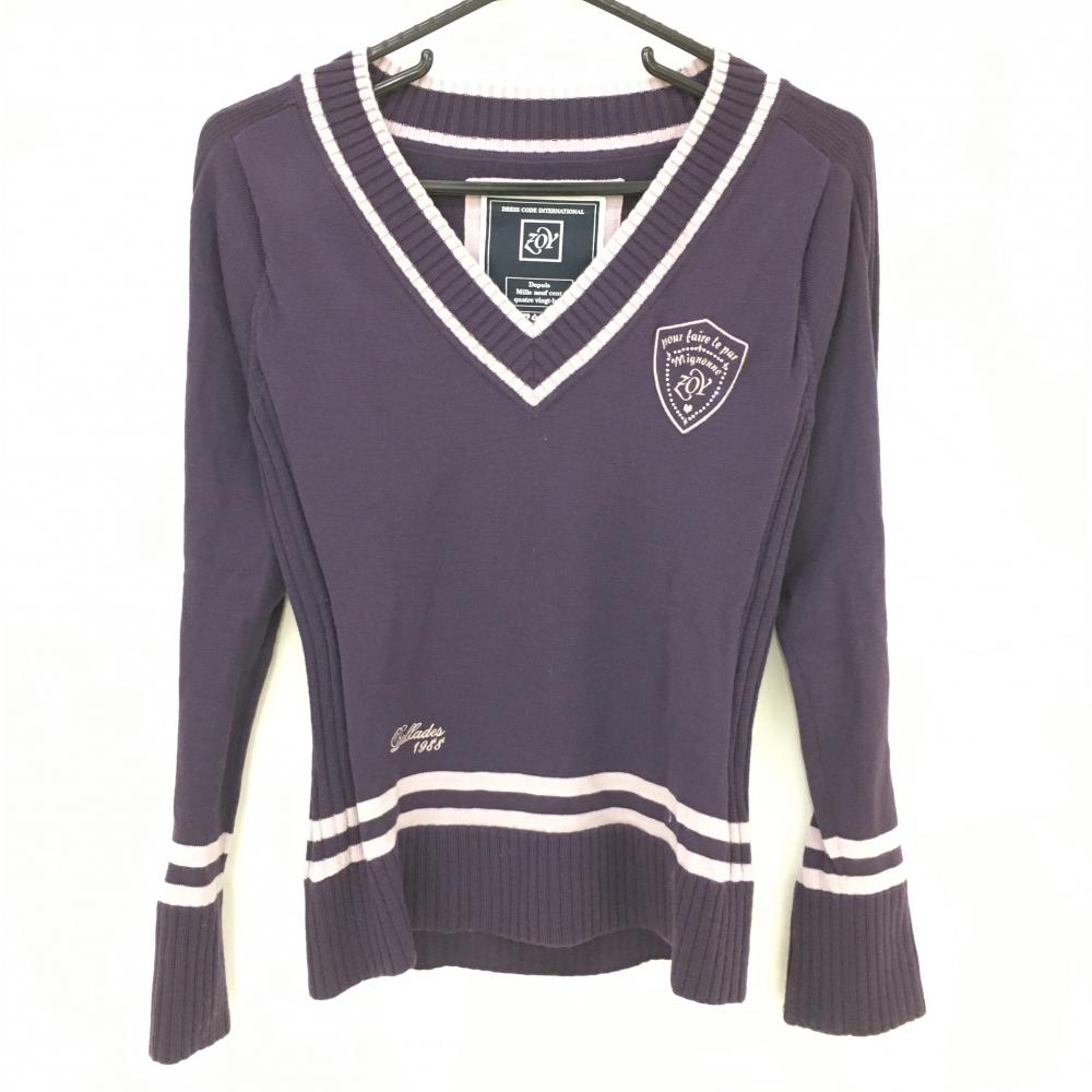 【美品】ゾーイ 長袖ニットセーター パープル Vネック 襟袖裾ライン  レディース 38 ゴルフウェア ZOY