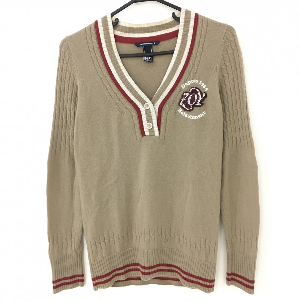 ゾーイ セーター ライトブラウン×レッド 一部ケーブル編み ラインストーンロゴ  レディース 38(M) ゴルフウェア ZOY