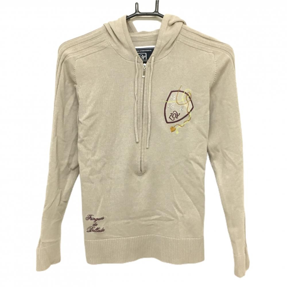 ゾーイ フード付きセーター ベージュ ハーフジップ ラインストーン レディース 38(M) ゴルフウェア ZOY