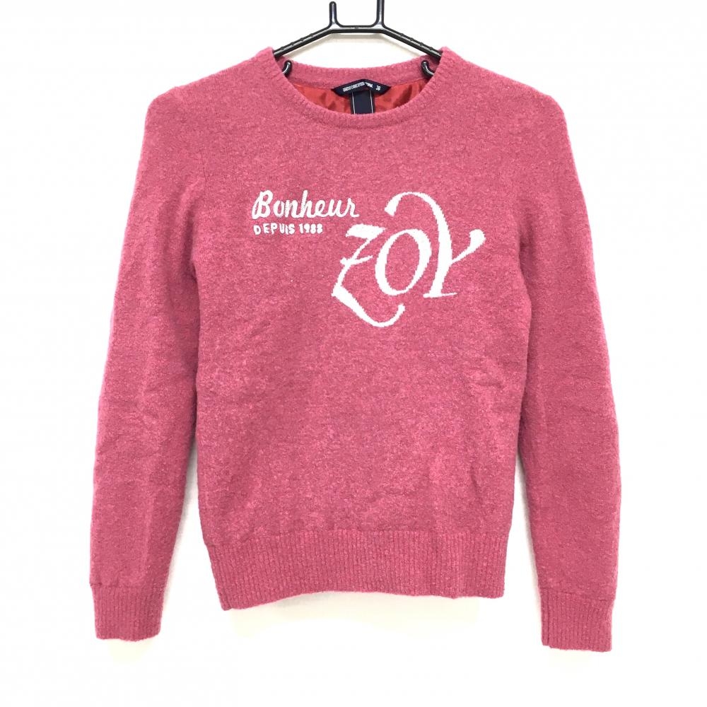 【超美品】ゾーイ セーター ピンク×白 フロントロゴ 裏地付き ニット ウール混 レディース 36(S) ゴルフウェア ZOY