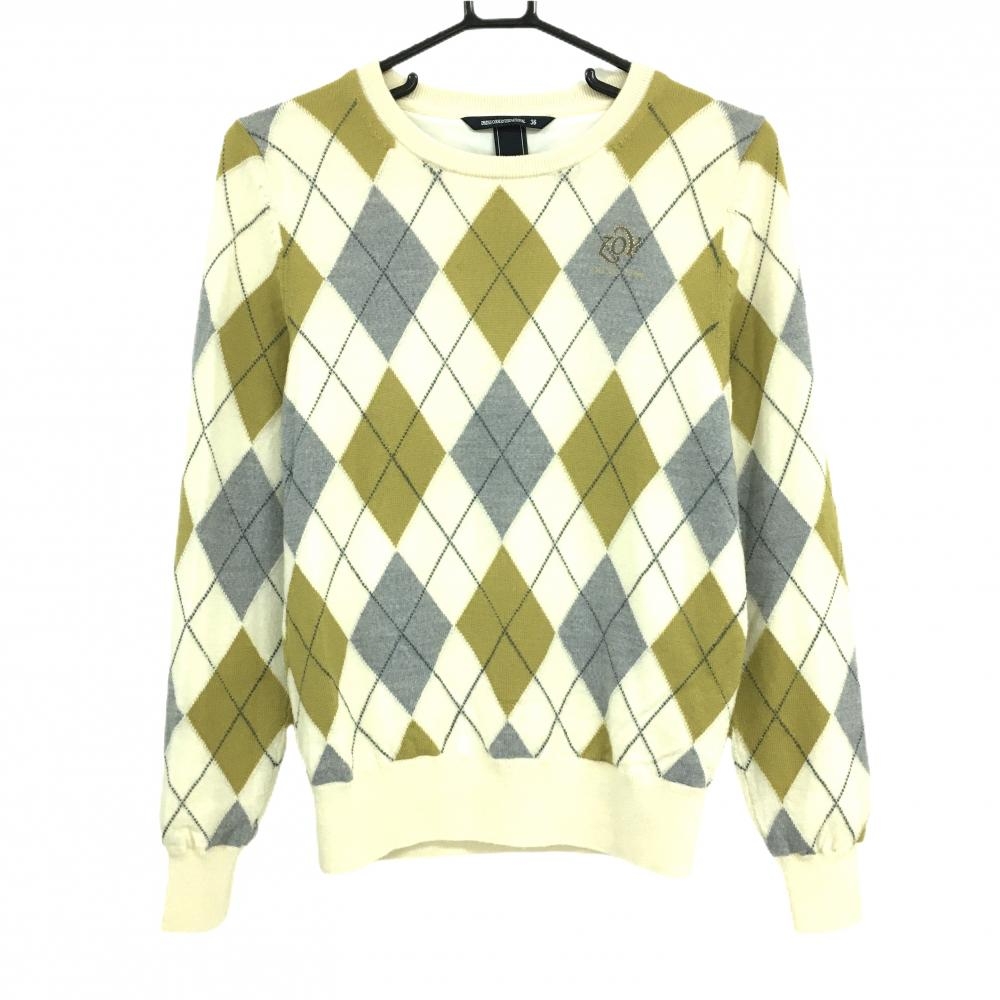 【超美品】ゾーイ セーター アイボリー×マスタードイエロー×グレー アーガイル ウール100％  レディース 36(S) ゴルフウェア ZOY