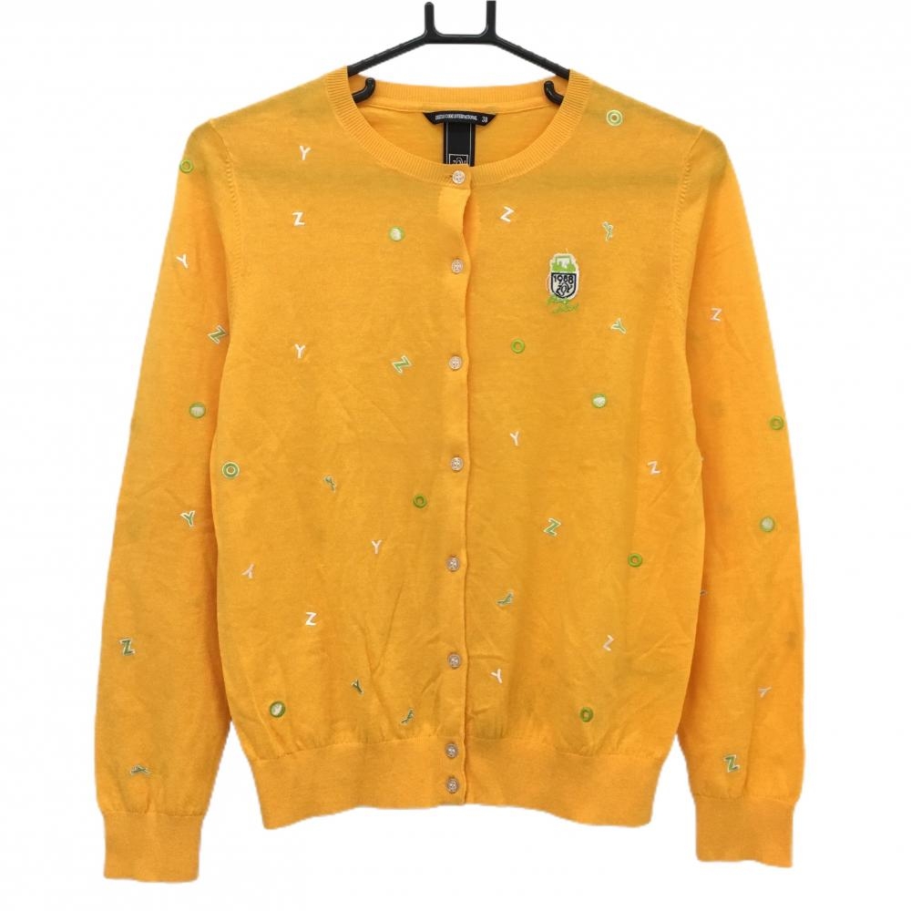 【超美品】ゾーイ ニットカーディガン オレンジ×ライトグリーン 英字刺しゅう総柄 レディース 38(M) ゴルフウェア ZOY