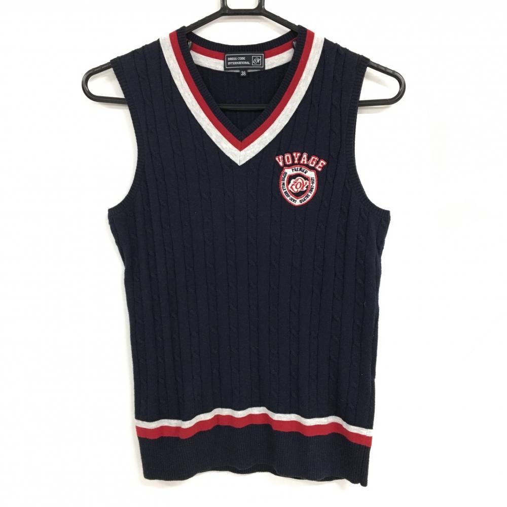 【美品】ゾーイ ニットベスト ネイビー×白 ケーブル編み ロゴ刺しゅう Vネック カシミヤ混 レディース 38(M) ゴルフウェア ZOY