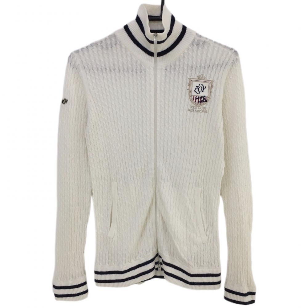 ゾーイ ニットブルゾン アイボリー×ネイビー ケーブル編み コットン・カシミヤ混 レディース 38 ゴルフウェア ZOY