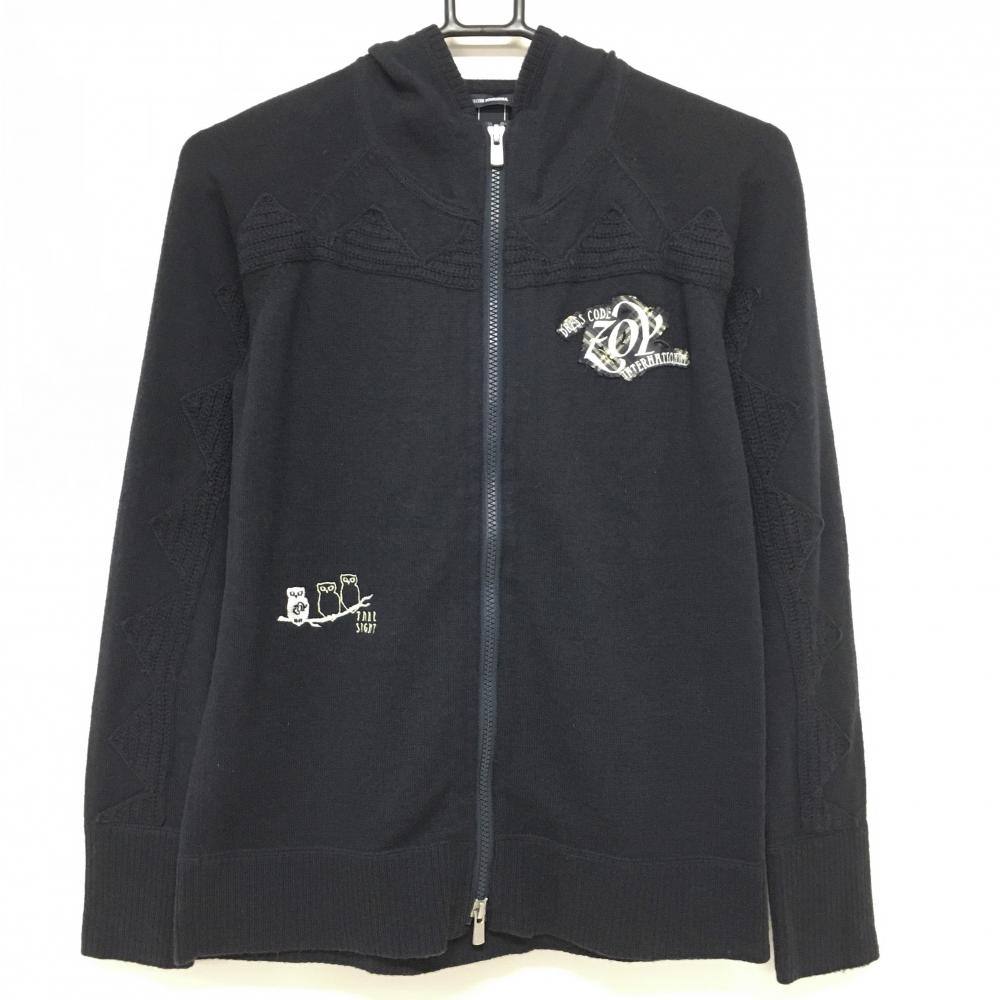【美品】ゾーイ ニットジップパーカー ネイビー 胸ロゴ ダブルジップ レディース 40(L) ゴルフウェア ZOY