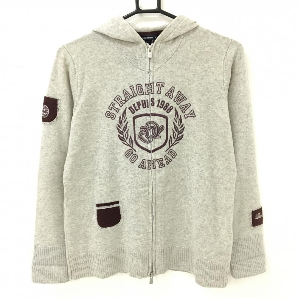 ゾーイ ニットジップパーカー 杢グレー×ブラウン ウールカシミヤ混 ロゴ刺しゅう レディース 40(L) ゴルフウェア ZOY