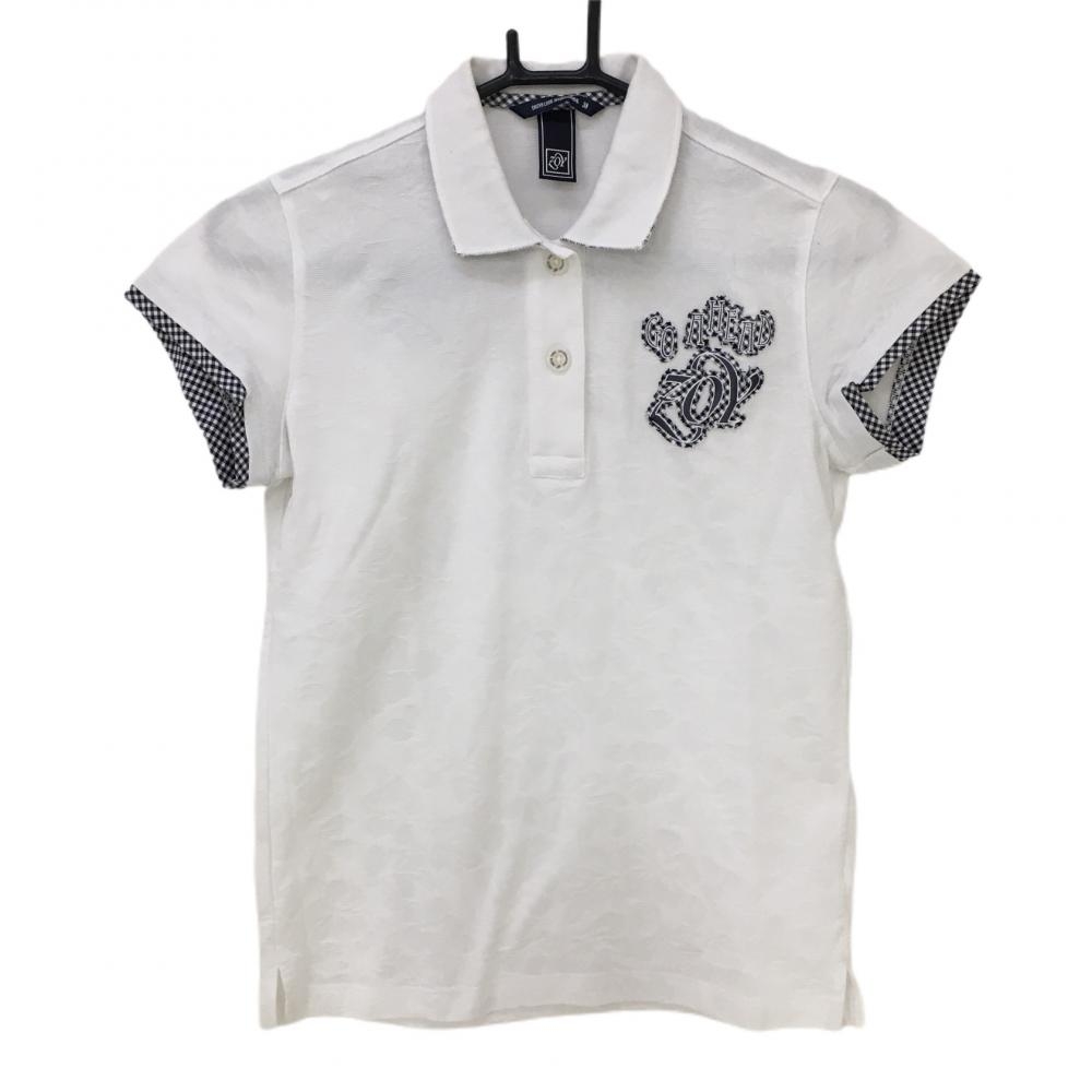 ゾーイ 半袖ポロシャツ 白×ネイビー ハイビスカス柄 織生地 一部チェック レディース 38(M) ゴルフウェア ZOY 画像
