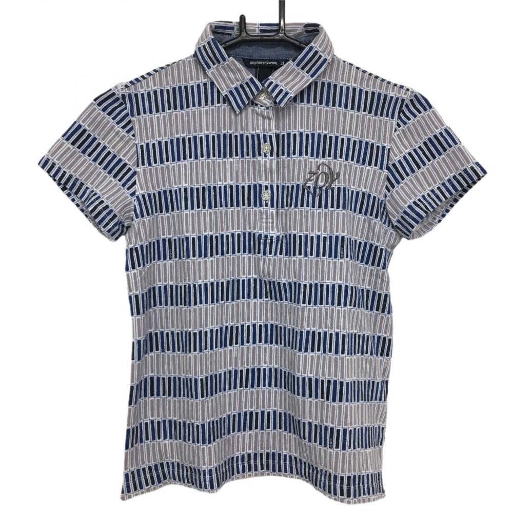 【美品】ゾーイ 半袖ポロシャツ グレー×ネイビー 総柄 ロゴ刺しゅう レディース 38(M) ゴルフウェア ZOY