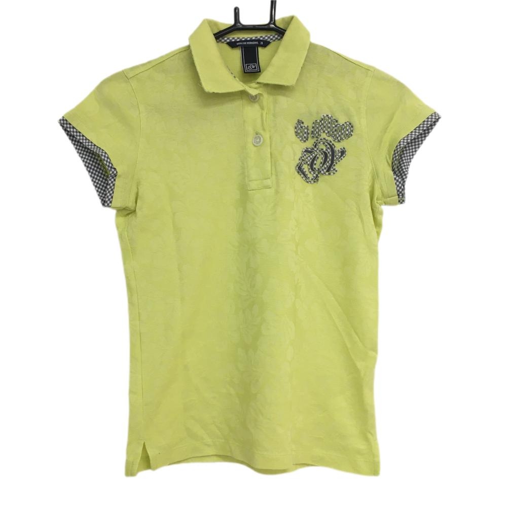 【超美品】ゾーイ 半袖ポロシャツ ライトグリーン×グレー 花柄織生地 一部チェック ロゴワッペン レディース 38(M) ゴルフウェア ZOY