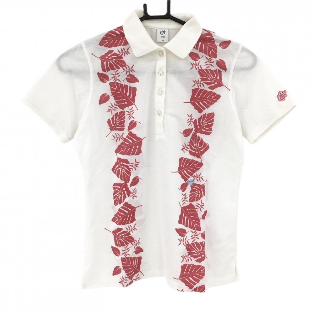 ゾーイ 半袖ポロシャツ 白×ピンクレッド リーフ柄 袖ロゴ刺しゅう レディース M ゴルフウェア ZOY