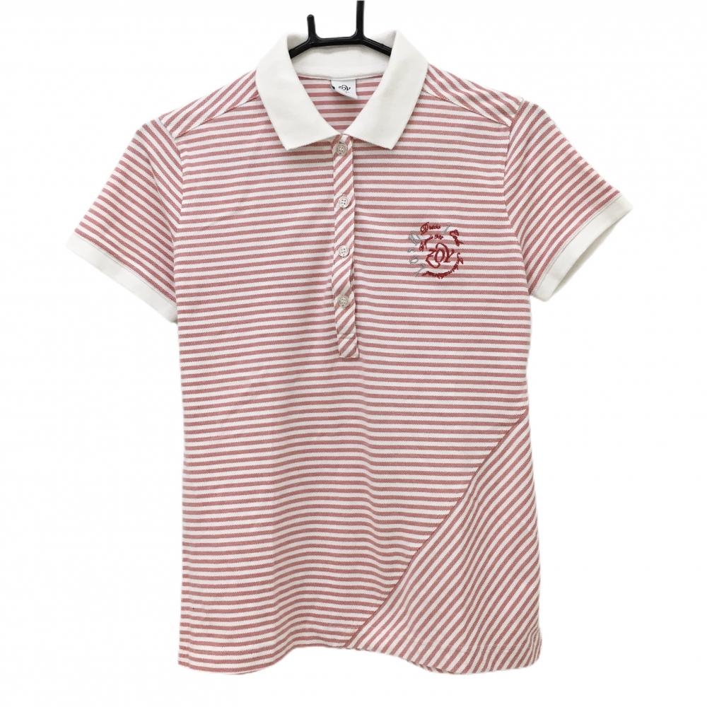 ゾーイ 半袖ポロシャツ 白×レッド ボーダー ロゴ刺しゅう レディース L ゴルフウェア ZOY