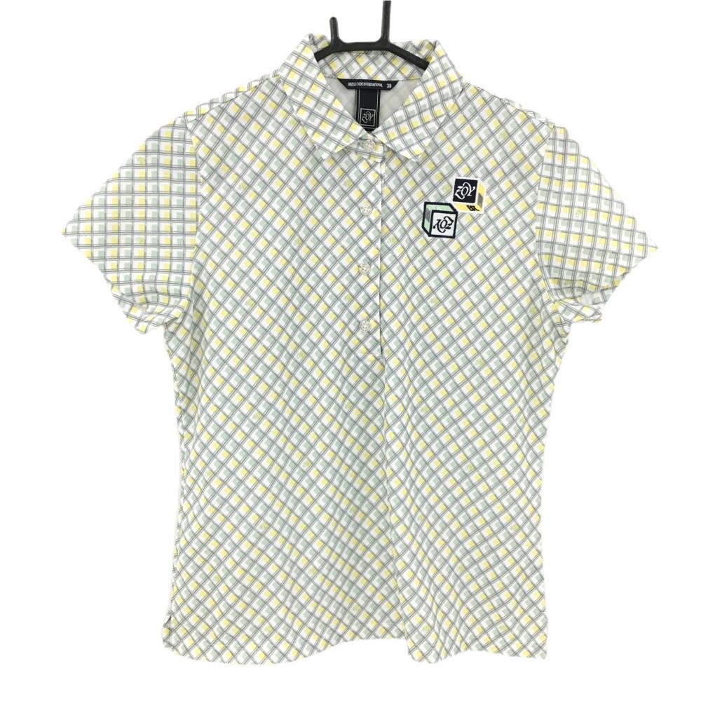 【美品】ゾーイ 半袖ポロシャツ 白×ライログリーン チェック ロゴ刺しゅう レディース 38(M) ゴルフウェア ZOY