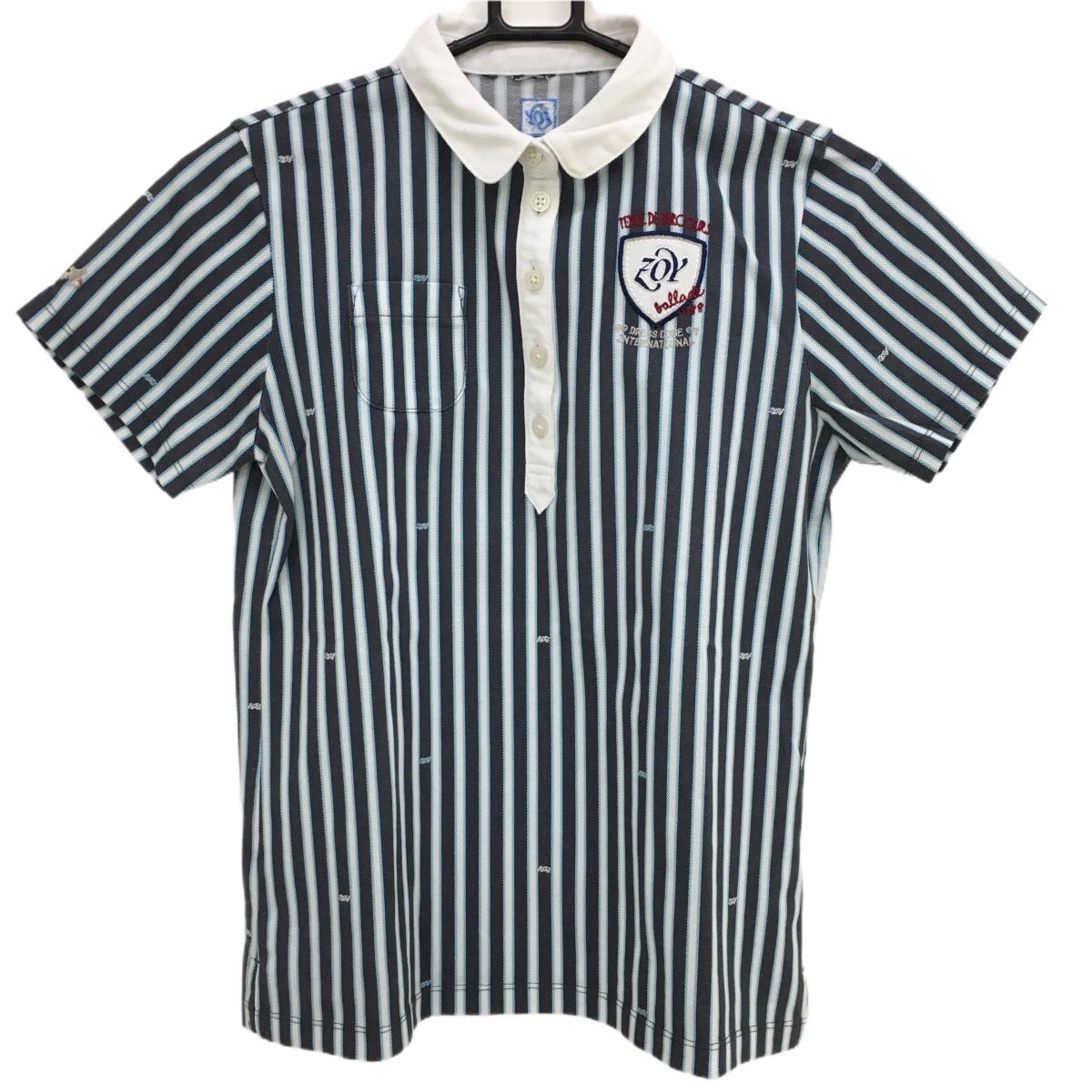 ゾーイ 半袖ポロシャツ ネイビー×白 ストライプ ロゴ刺しゅう レディース 38(M) ゴルフウェア ZOY