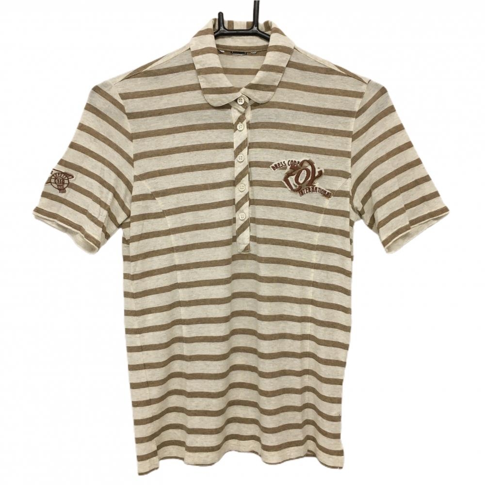 【美品】ゾーイ 半袖ポロシャツ ベージュ×ブラウン ボーダー ロゴワッペン 薄手 レディース 38(M) ゴルフウェア ZOY