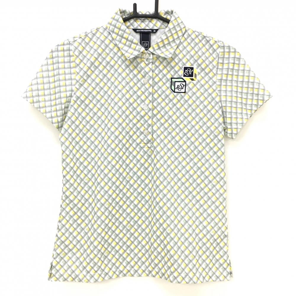 【超美品】ゾーイ 半袖ポロシャツ 白×ライトグリーン チェック ロゴ刺しゅう レディース 36(S) ゴルフウェア ZOY