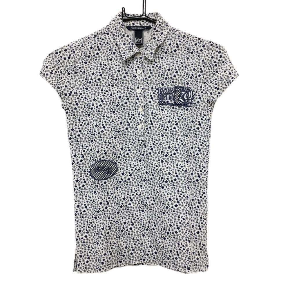 ゾーイ 半袖ポロシャツ 白×ネイビー 小花柄 ロゴ刺しゅう  レディース 38(M) ゴルフウェア ZOY