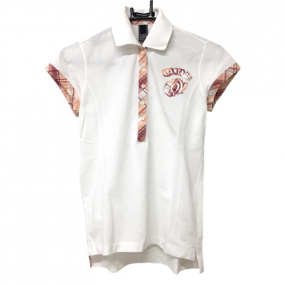 【美品】ゾーイ 半袖ポロシャツ 白×オレンジ 一部チェック 胸元ロゴ レディース 38(M) ゴルフウェア ZOY