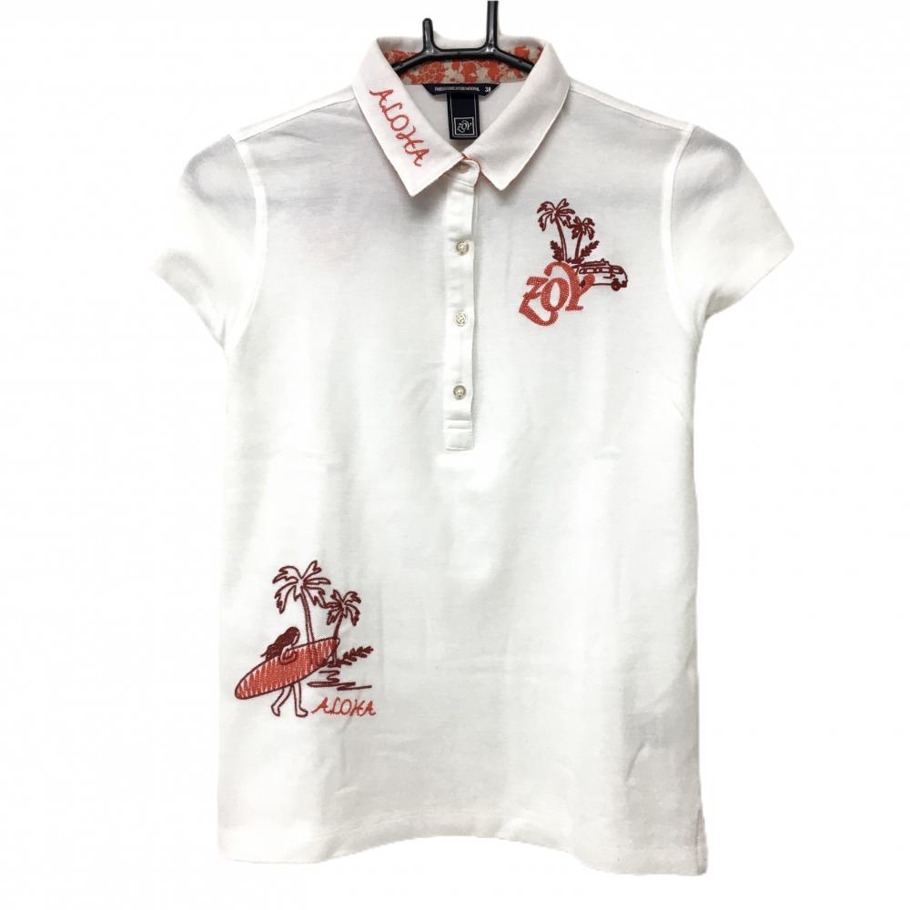 【超美品】ゾーイ 半袖ポロシャツ 白×オレンジ 襟裏柄 ALOHA 刺しゅう多数 レディース 38 ゴルフウェア ZOY