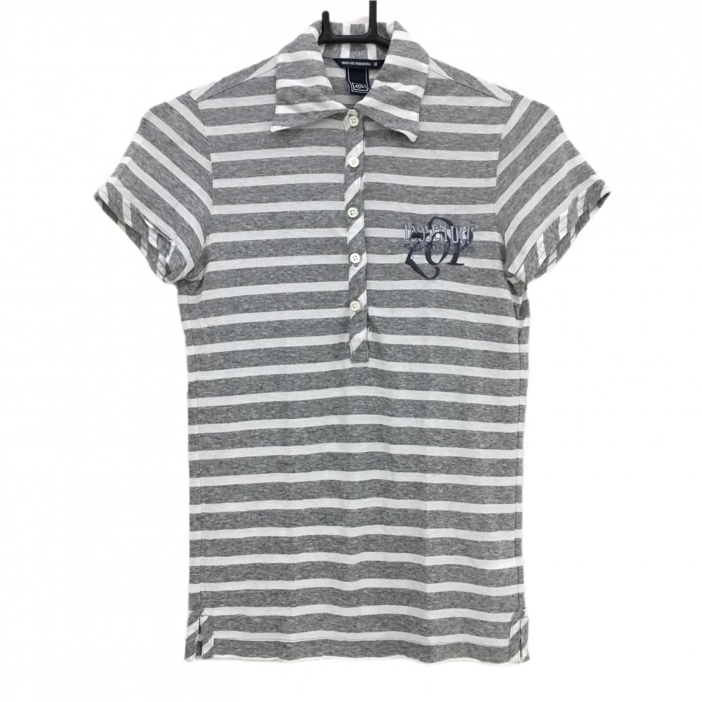 【超美品】ゾーイ 半袖ポロシャツ グレー×白 ボーダー 薄手 ロゴ刺しゅう レディース 38(M) ゴルフウェア ZOY