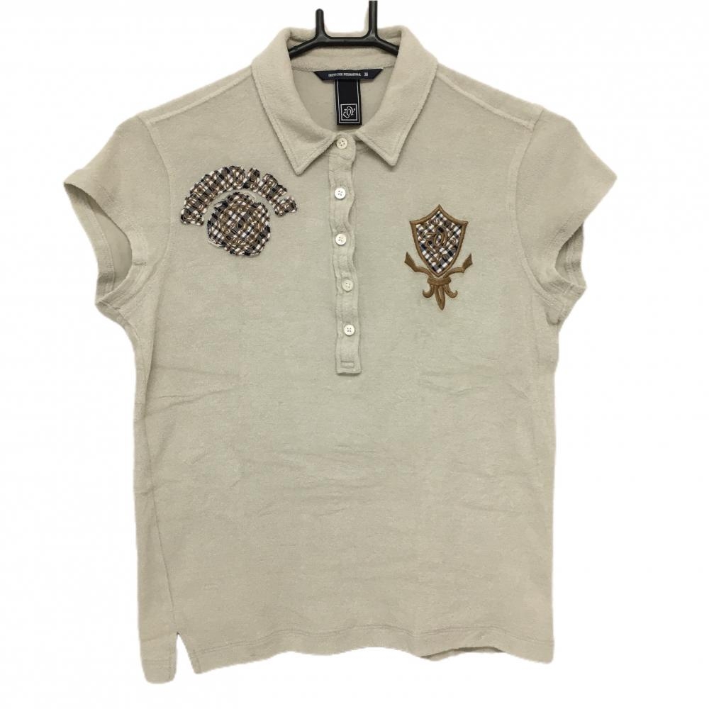 【美品】ゾーイ 半袖ポロシャツ ライトベージュ系×ブラウン パイル地 ダメージ加工ワッペン レディース 38(M) ゴルフウェア ZOY