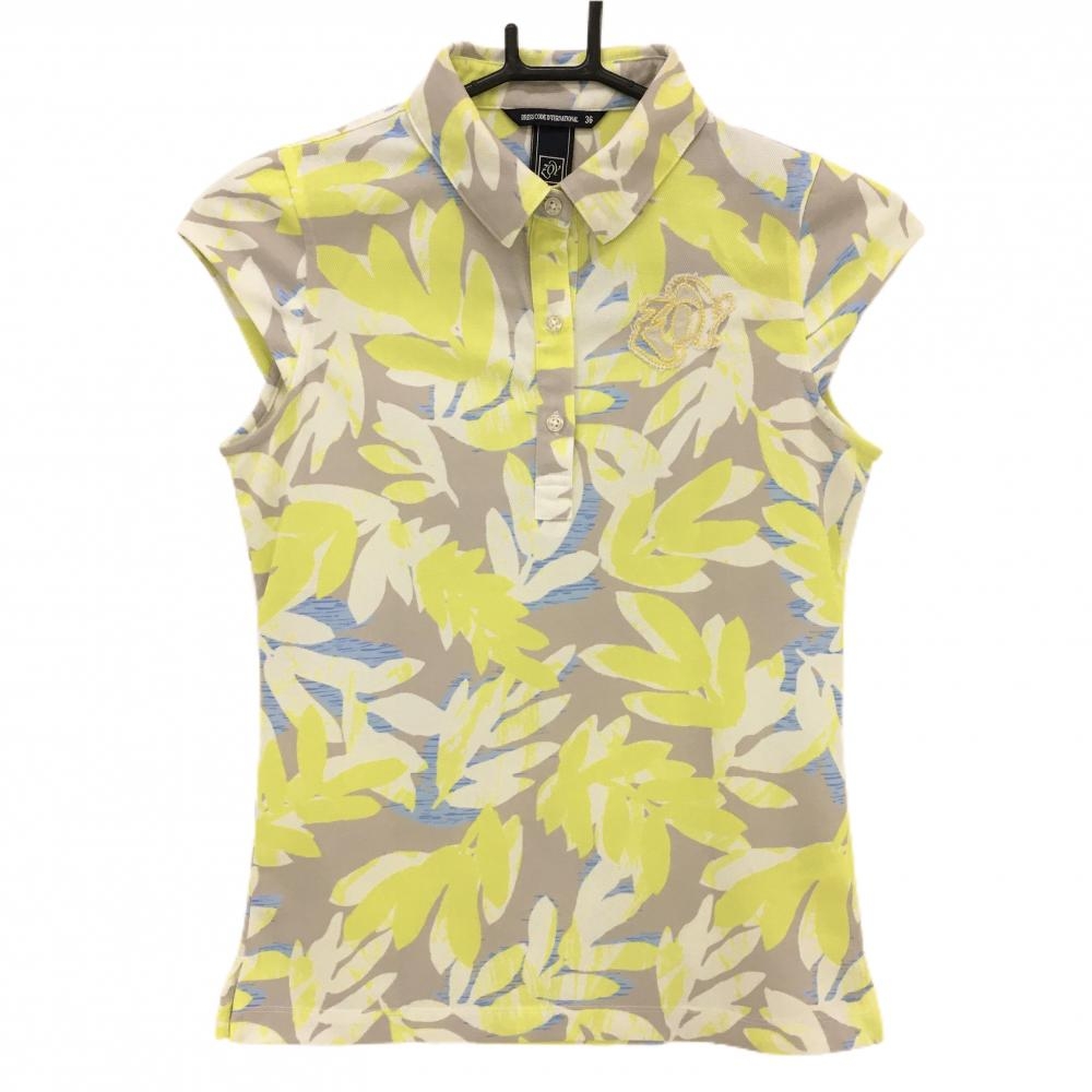 ゾーイ 半袖ポロシャツ グレージュ×イエロー リーフ柄風 ダメージ加工ロゴ レディース 36(S) ゴルフウェア ZOY