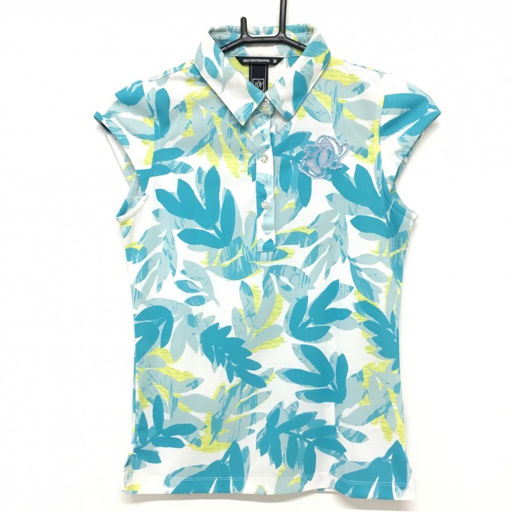 ゾーイ 半袖ポロシャツ 白×ライトブルー リーフ柄風 ダメージ加工ロゴ  レディース 36(S) ゴルフウェア ZOY