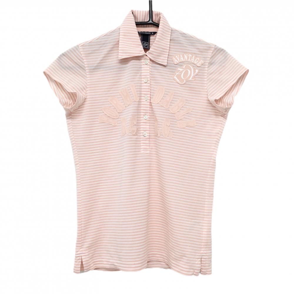 【美品】ゾーイ 半袖ポロシャツ 白×ライトピンク ボーダー フロントワッペン  レディース 38(M) ゴルフウェア ZOY