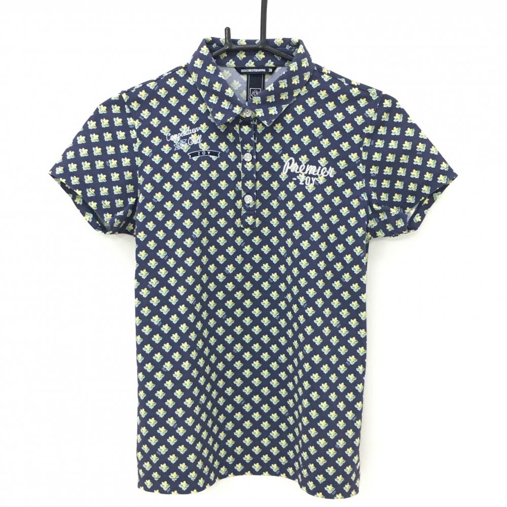 【美品】ゾーイ 半袖ポロシャツ ネイビー×グリーン×イエロー 総柄 レディース 38(M) ゴルフウェア ZOY