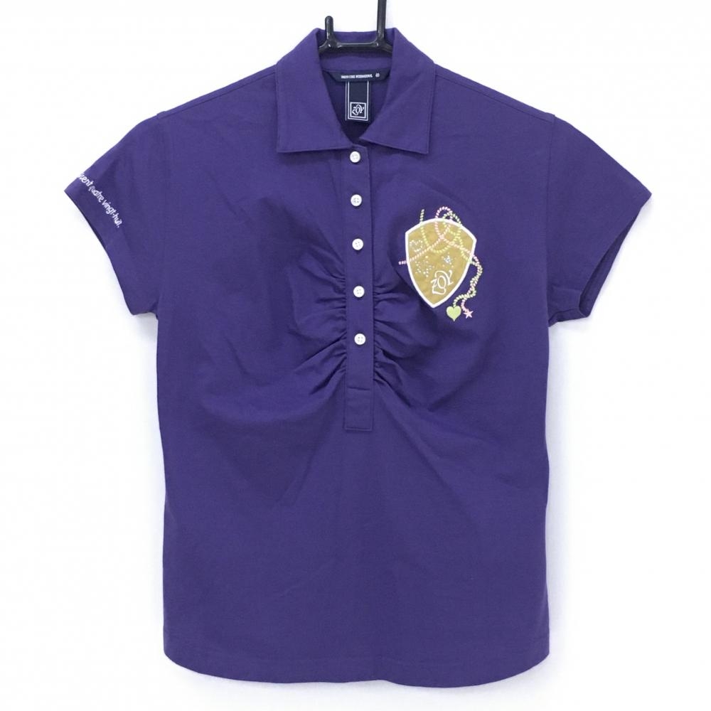 【美品】ゾーイ 半袖ポロシャツ パープル 前立てギャザー ラインストーン レディース 40(L) ゴルフウェア ZOY