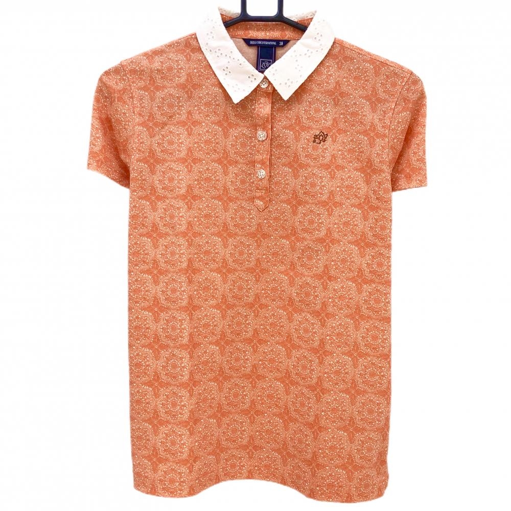 【超美品】ゾーイ 半袖ポロシャツ オレンジ×白 総柄 ラインストーンロゴ レディース 38(M) ゴルフウェア ZOY
