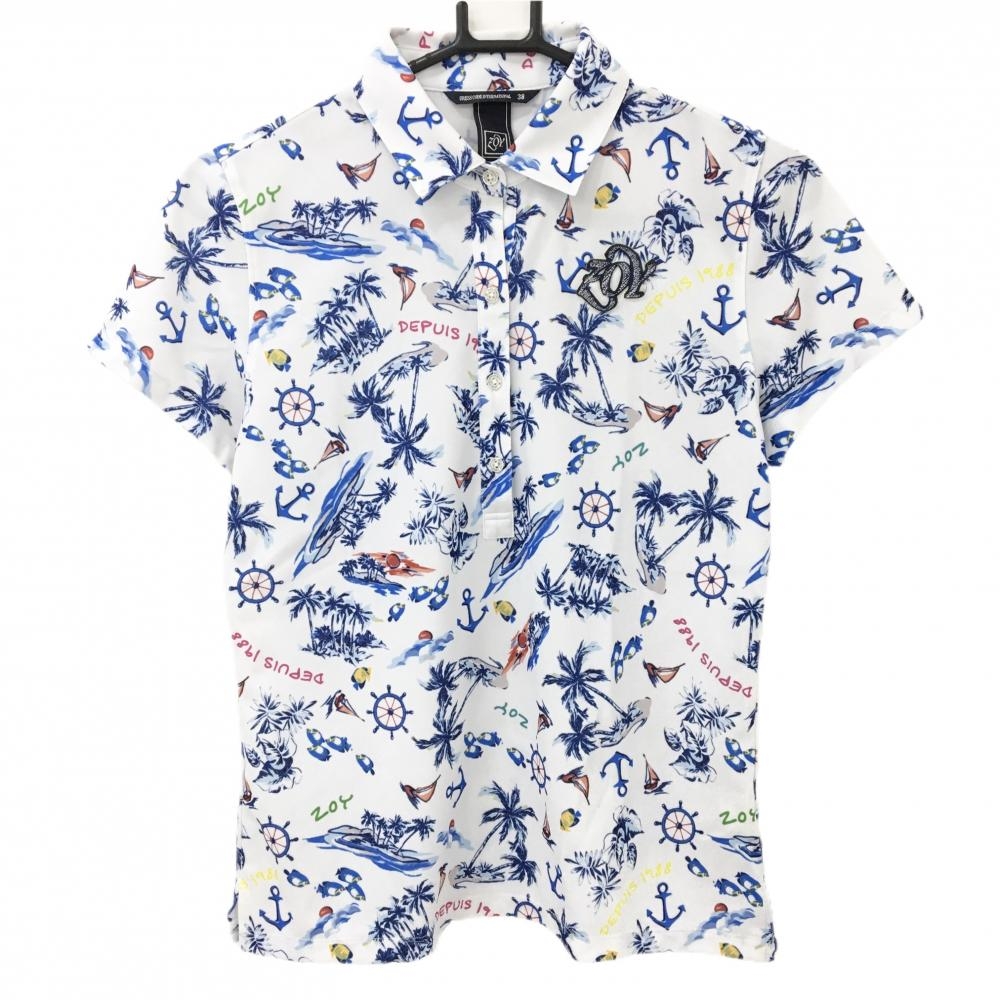 【美品】ゾーイ 半袖ポロシャツ 白×ブルー 総柄ヤシの木 イカリ レディース 38(M) ゴルフウェア ZOY